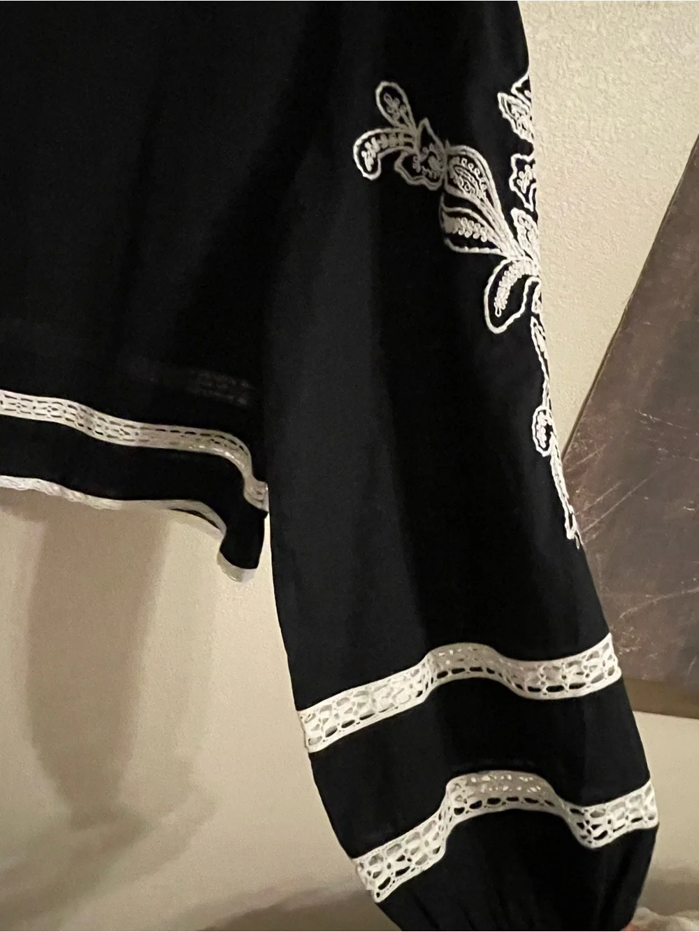 ZARA Black Blouse with White Embroidered Floral Trim